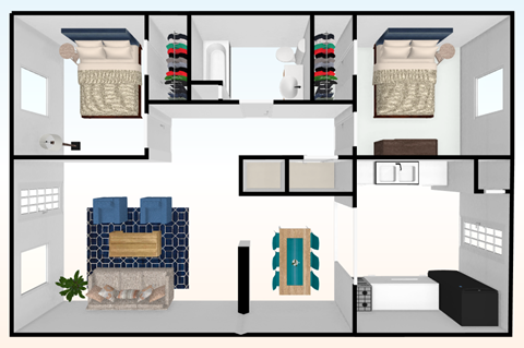 Floor plan for 2 beds, 1 bath, 950 sqft